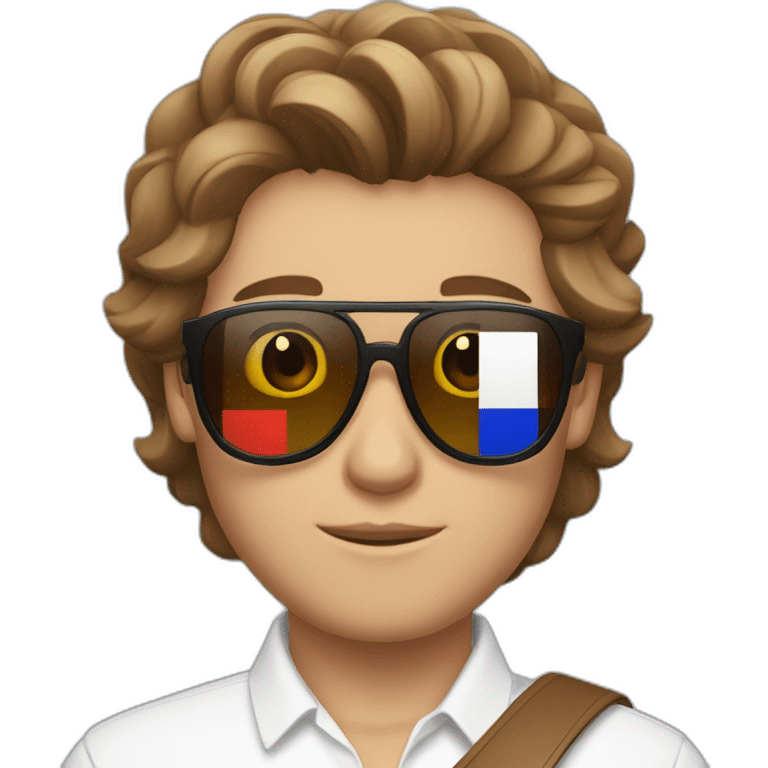 A young fit man with a white shirt and sunglasses on his hair with brown hair and a French flag in his hand emoji