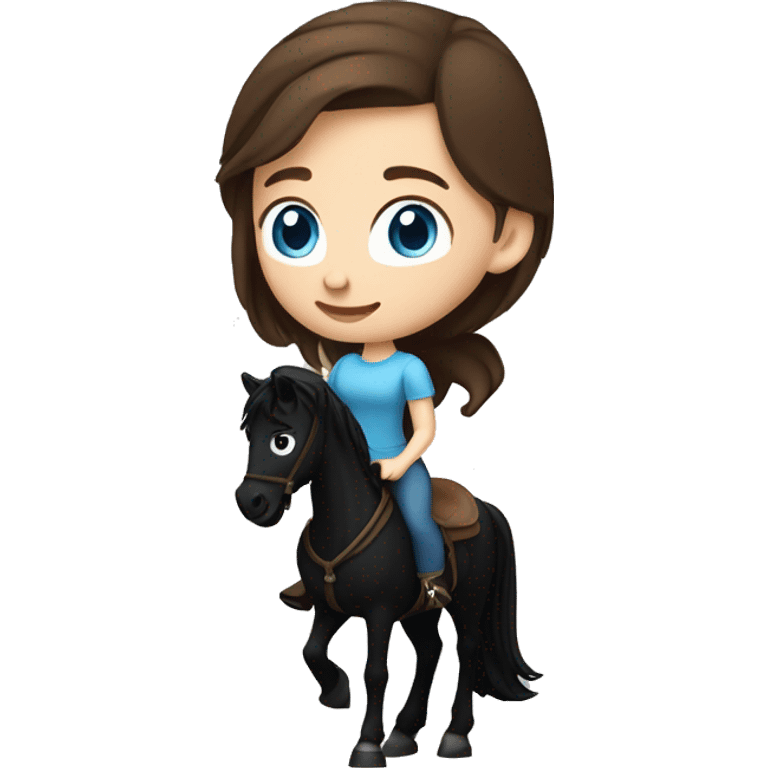 Girl with white skin, blue eyes and brown hair riding a Black horse with long mane and dark eyes. We see them from the side, they are causally walking emoji