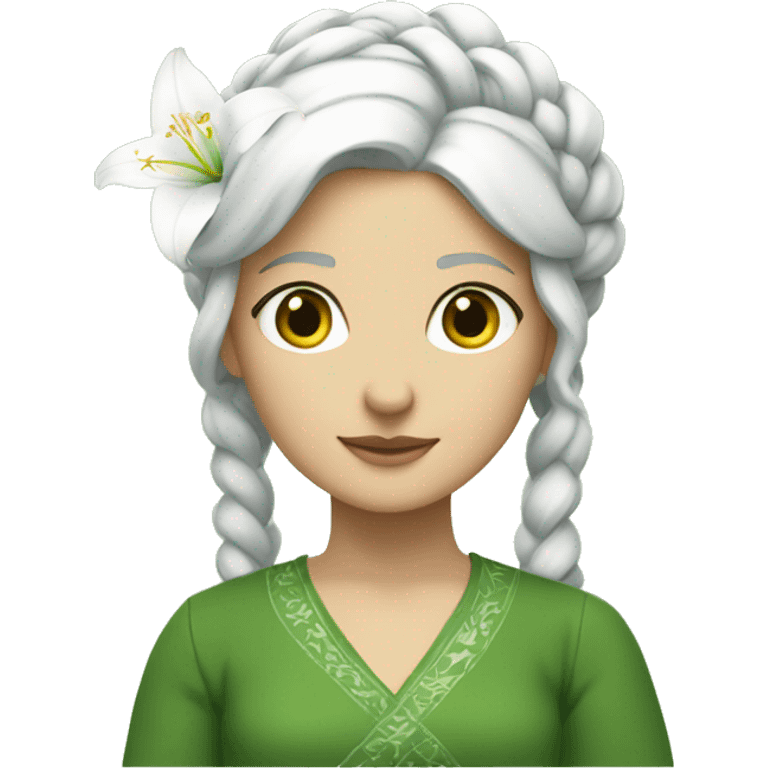 A white hair girl with a big braid and a white lily on the top left of the hair,a green dress made by lily leaves emoji