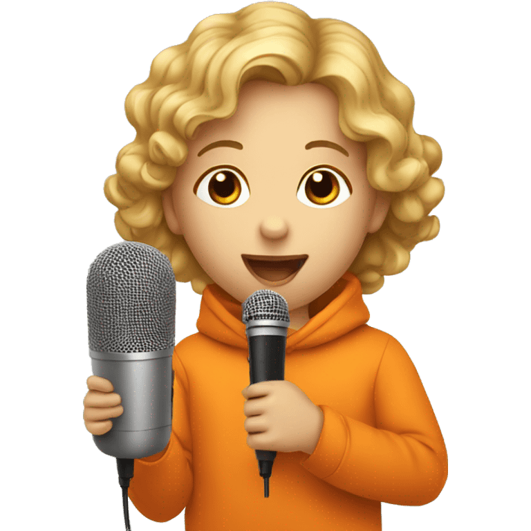 child in orange clothes singing in mocrophone emoji