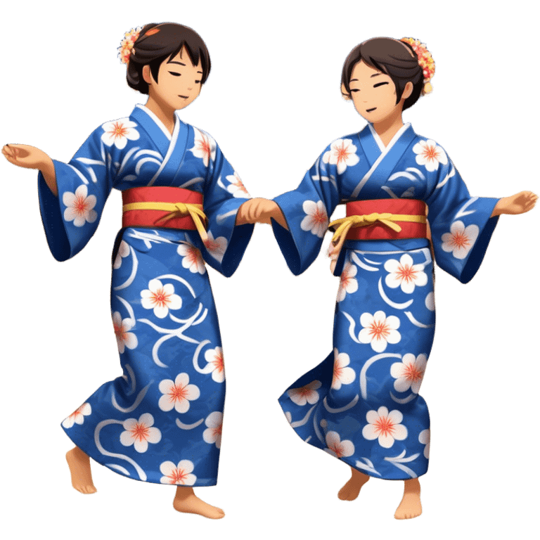 Cinematic Realistic scene of two performers engaging in Bon Odori, dressed in traditional yukata with intricate summer patterns, captured in graceful, rhythmic motion with warm, festive lighting emoji