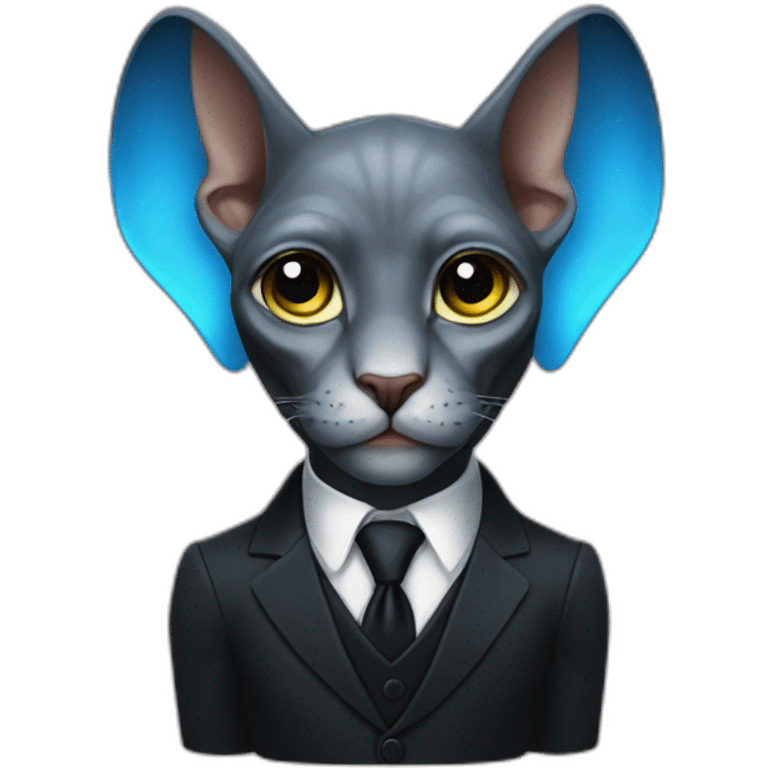 dark grey sphinx with bright blue eyes wearing black suit, calling on banana as phone, portrait emoji