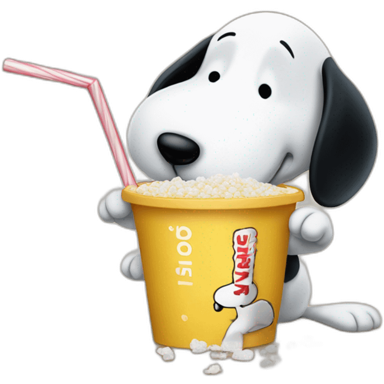 Snoopy holding a straw in his hand against his nose leaning over a table sucking up a pile of sugar emoji