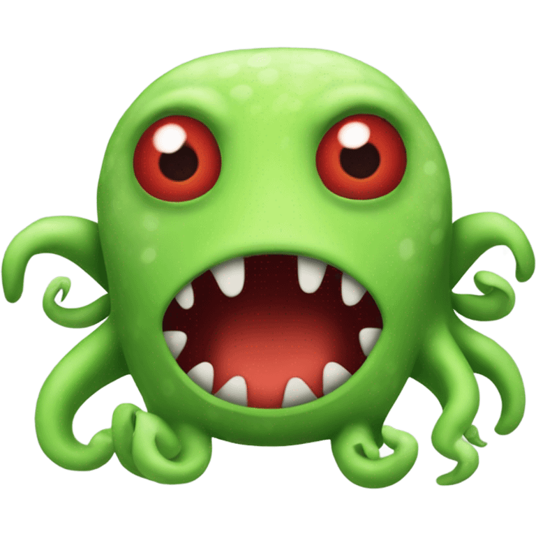 A stuffed animal of a green creature with red around his eyes and tentacles for a mouth emoji