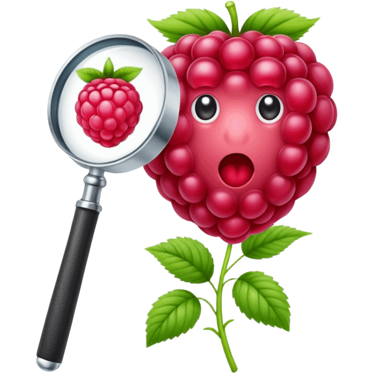 A raspberry R letter holds a magnifier emoji