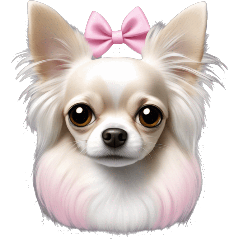 white and black and pure white long haired chihuahua with white stripe on forhead a cute pink bow emoji