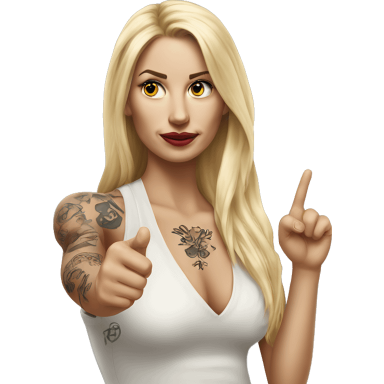 Blonde elegant women with LONG HAIR, her Body Covered with Tattoos, POINTING YOU FORWARD with her HAND with INDEX FINGER, Hyper realistic emoji