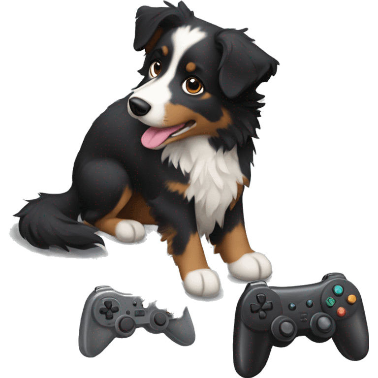 Small black australian shepherd dog with video game controller  emoji