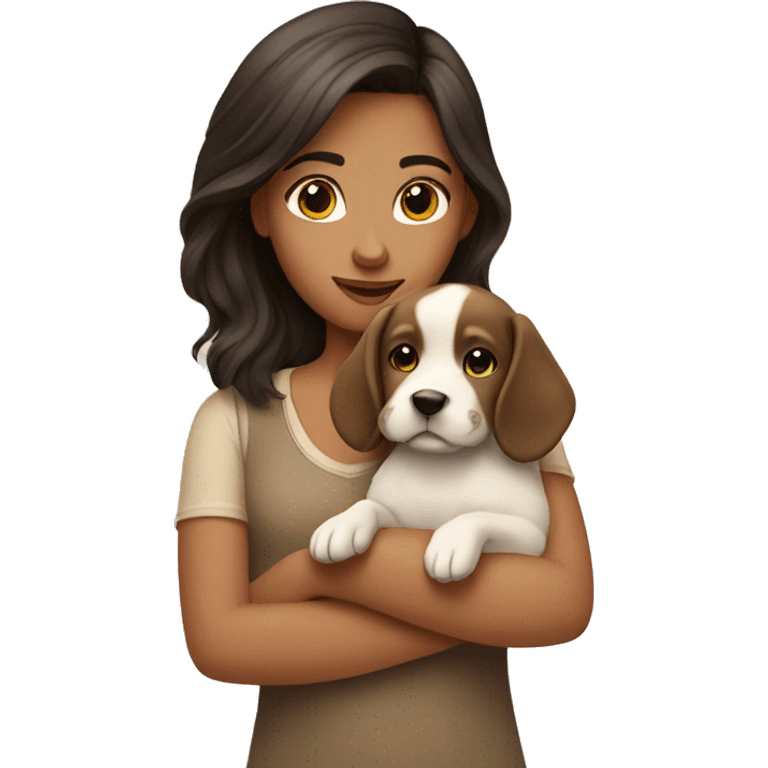 brunette girl with beige puppy emoji