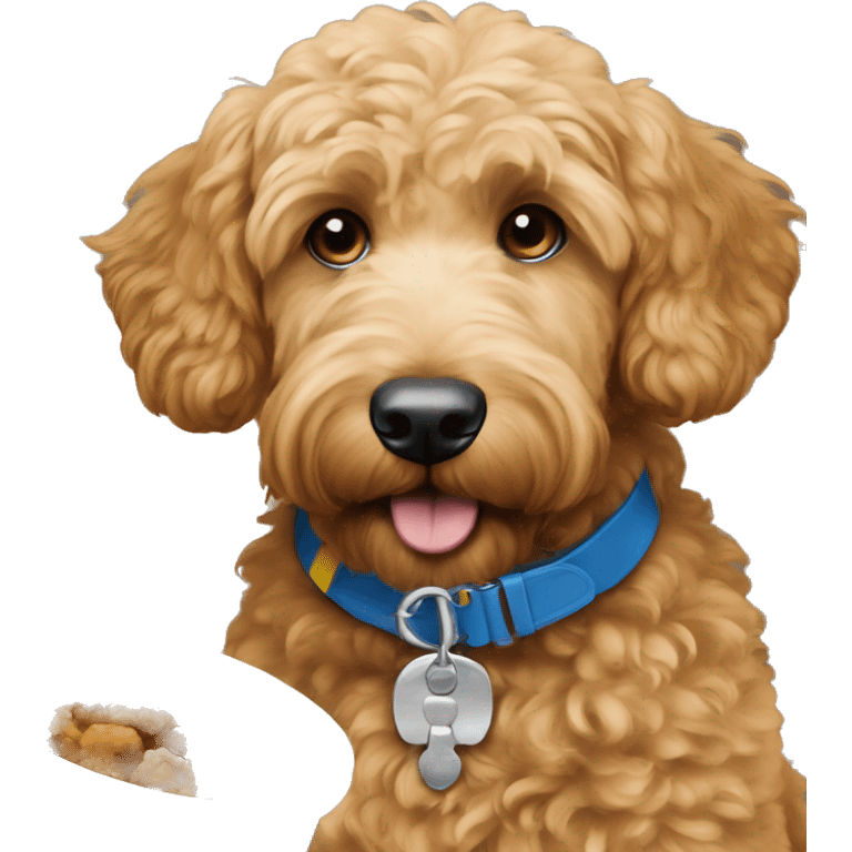 Goldendoodle with blue collar is eating brown food emoji