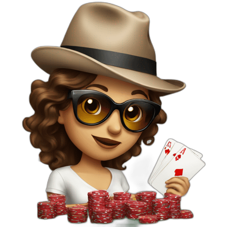 female with dark sunglasses brown wavy hair playing poker with a poker dealer hat emoji