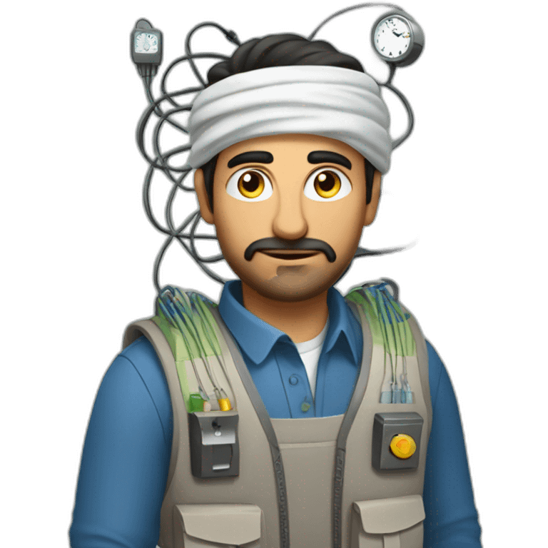 arab man in large bulky vest with many pockets and electrical wires and an analog clock emoji