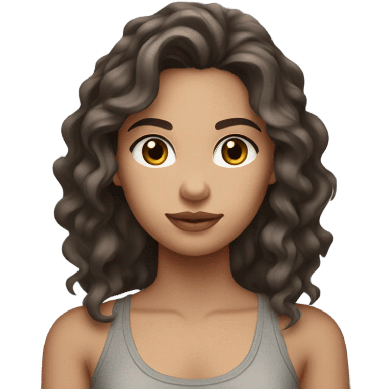 wavy hair brunette with a grey tank top, light skin and  dark brown eyes  emoji