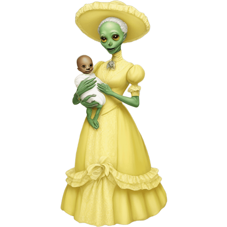  Reptilian alien woman, full body, in victorian jellow elegant dress, holds a newborn white humman baby emoji