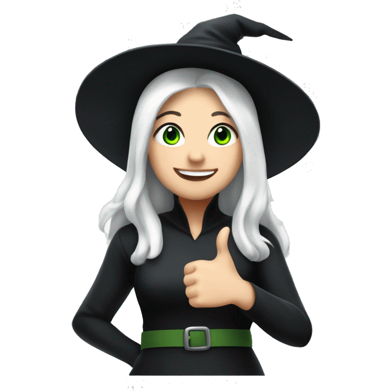 Young witch with white hair and cap, white skin, green eyes, thumbs up with black manicure  emoji