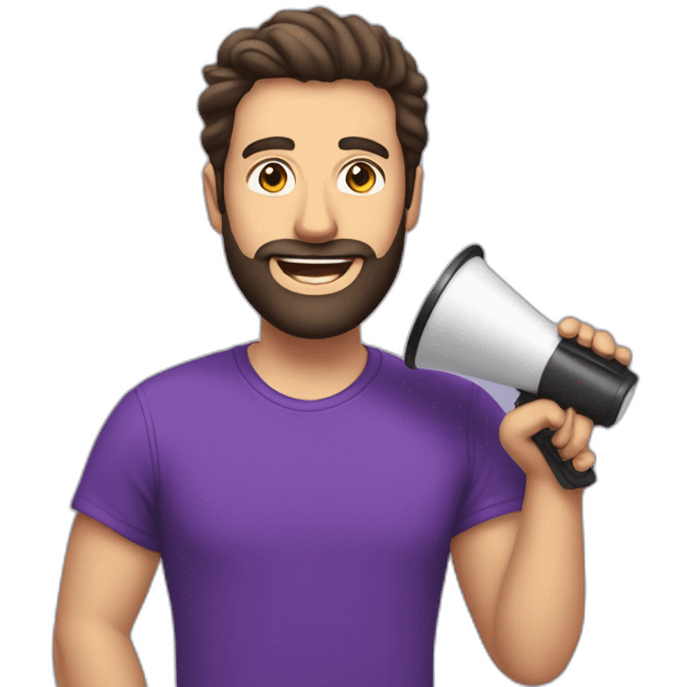 a white man with a black beard, speaking in a red megaphone next to his mouth, he wears a purple tshirt, smiling,he has a modern haircut emoji