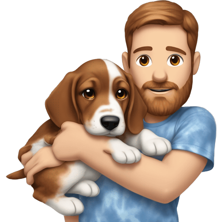 White male with short dark brown hair and reddish brown beard wearing a tie-dyed t-shirt cradling one mostly brown furred Bassett hound female puppy  emoji