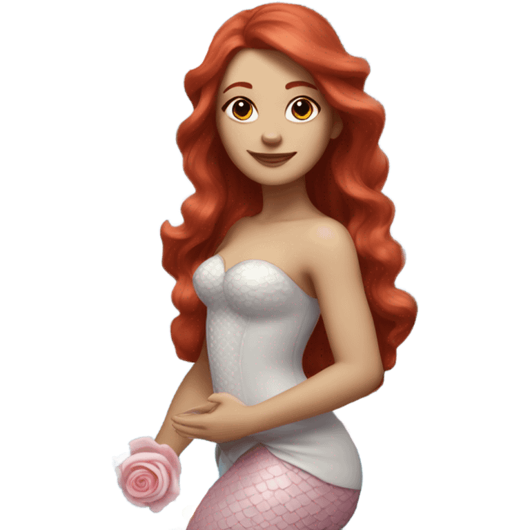 Realistic european woman with longer red  hair with pink roses & white daisies in hair wearing mermaid style blue dress posed elegantly  emoji