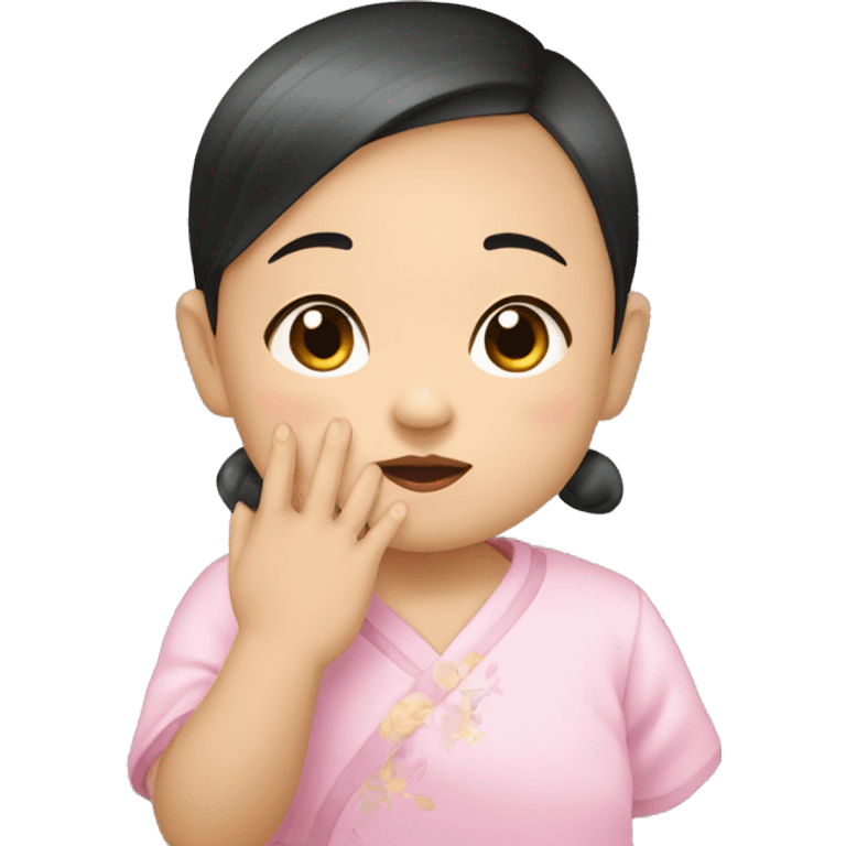 chinese baby girl posing with her hand on her chin, like hand holding her face up , one hand, and hand has palms open emoji