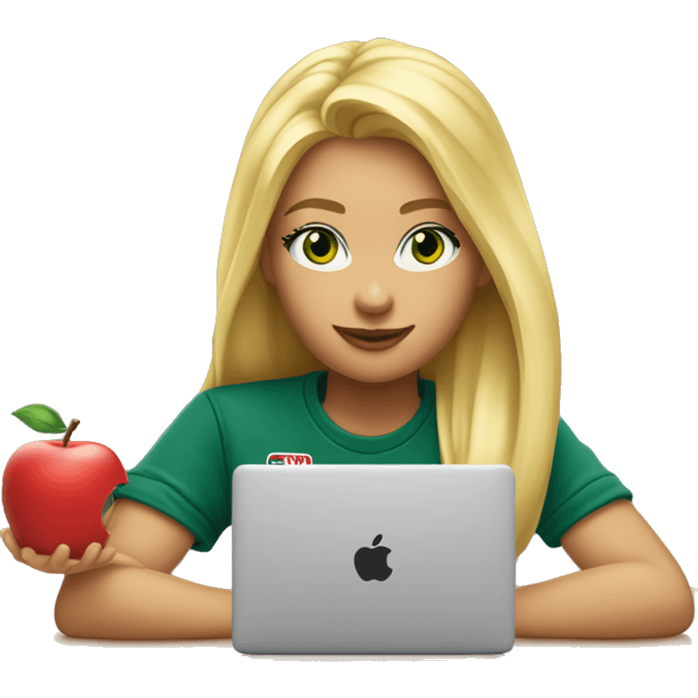 A beautiful blonde girl with green eyes and tommy jeans t-shirt is sitting at a laptop, an apple-style emoji emoji