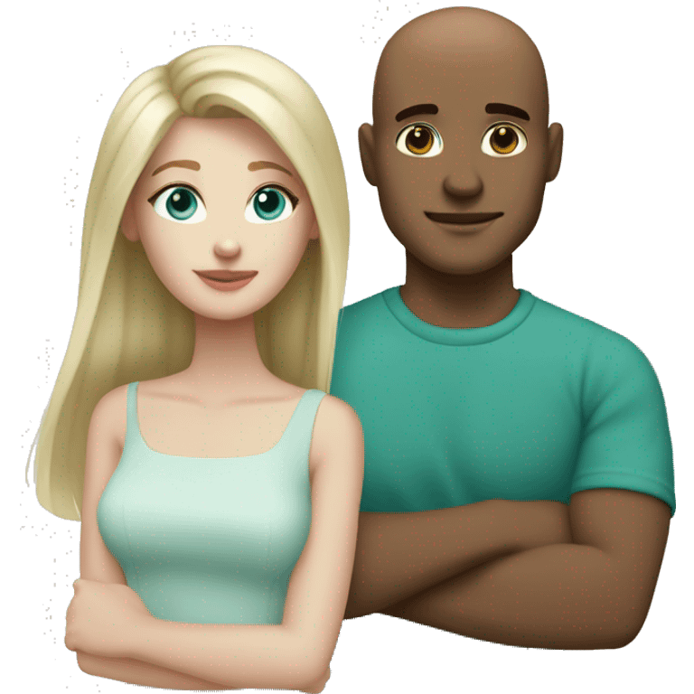 Couple. White skin. Male bald. Aqua eyes. Woman long blonde brown highlight hair. 35. Teal eyes.  emoji