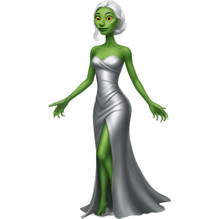 Green Alien reptilian woman in silver dress, full body emoji