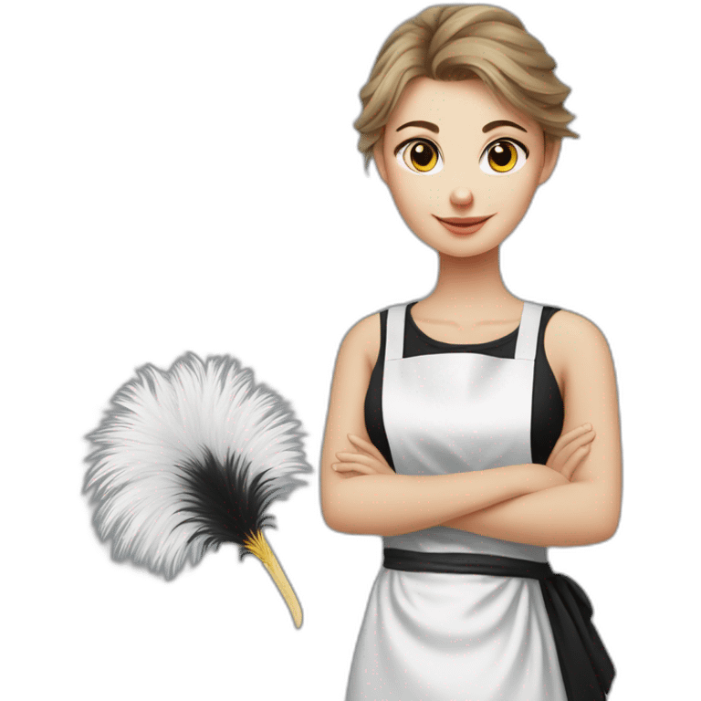 Slavic girl in a white T-shirt and a black apron holds ostrich feathers for dusting emoji