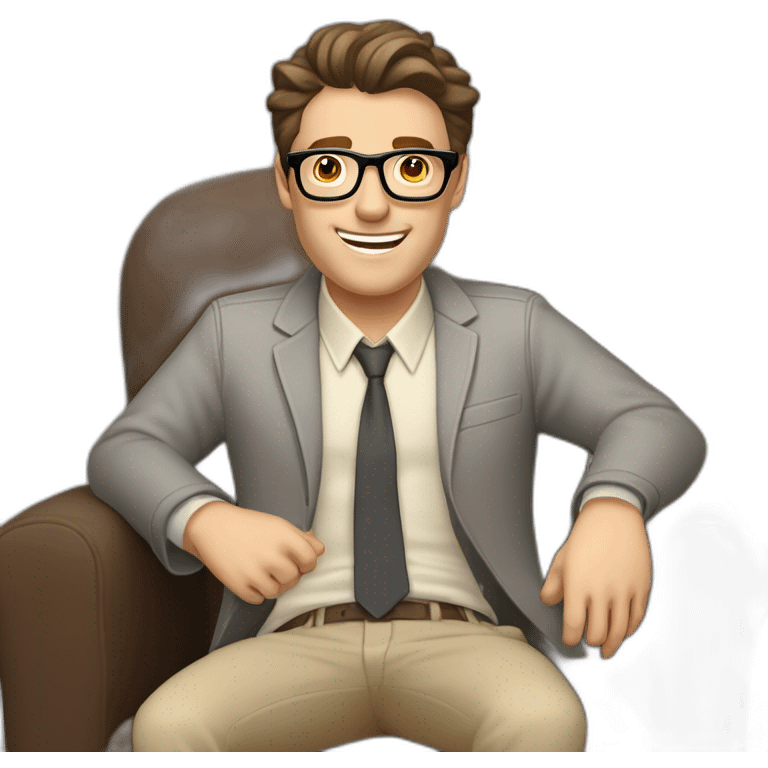 Joyful thrumb up Pale skinned Fit Man With dark brown hair in gray jacket, beige office shirt, Brown pants and vintage glasses sitting In a soft chair emoji