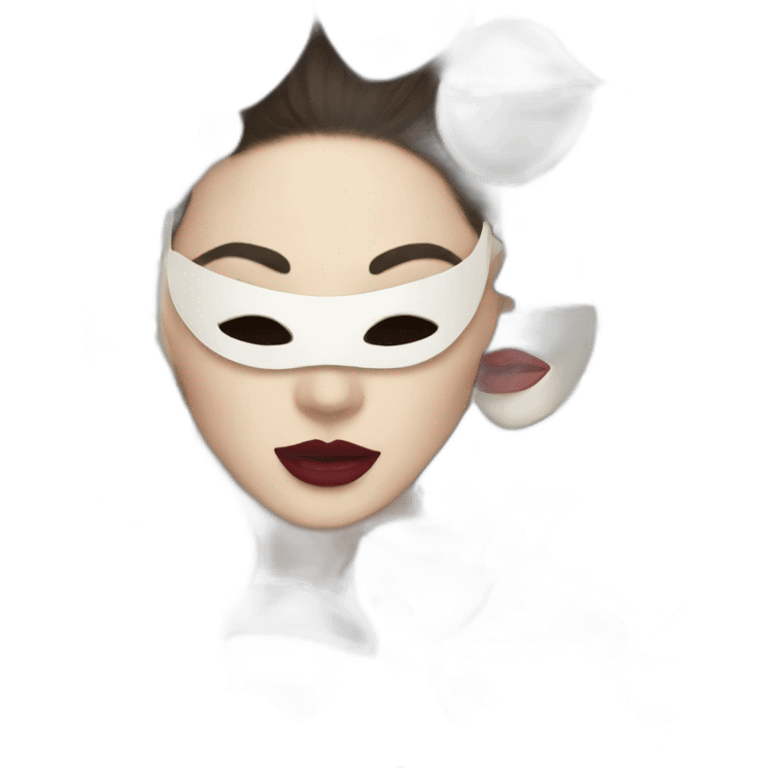 a brunette woman with a white mask on, the mask has lipstick emoji