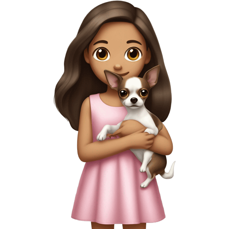 Little Girl with White skin, black eyes. Long brown hair with. She is wearing a pink and White dress, standing and holding on to a Chihuahua  emoji