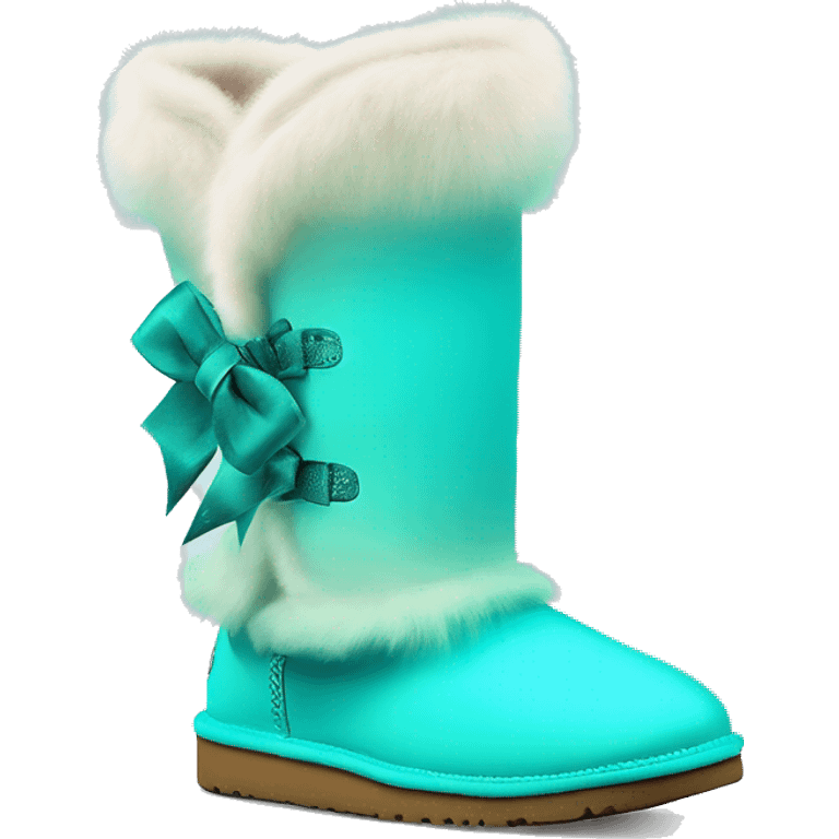 Realistic pair of tiffany blue to turquoise ombre fur Ugg boots with silk ribbon bows. emoji