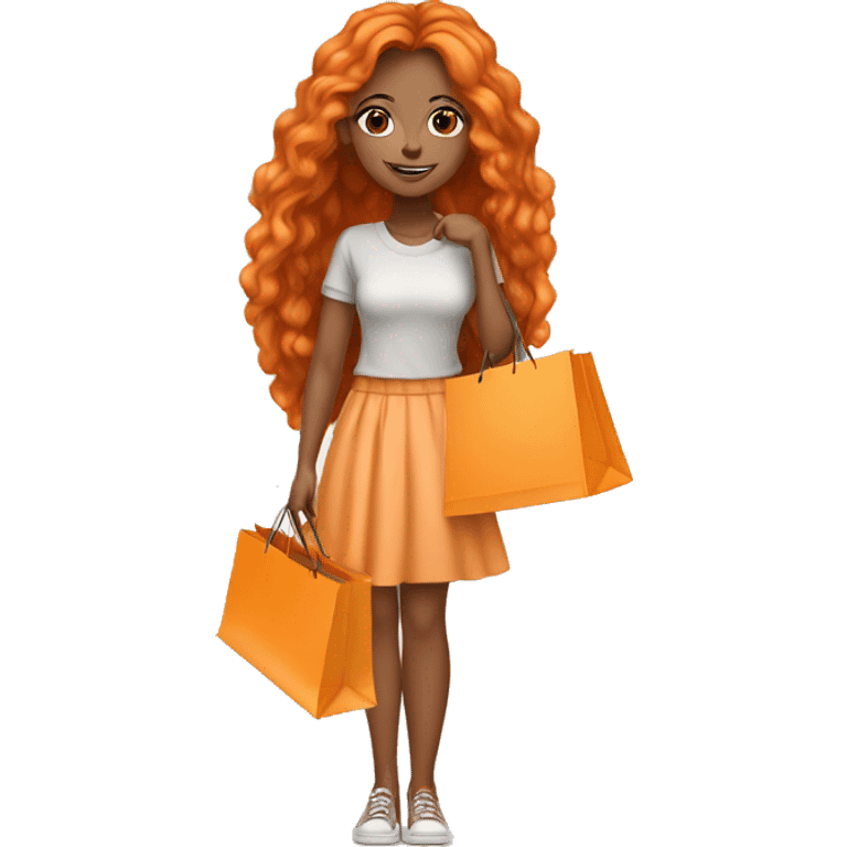 Tan girl with long orange hair wearing cute outfit holding shopping bags emoji