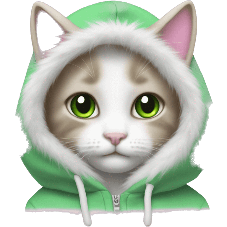  cat lop ears green eyes white fur in pink hoodie emoji