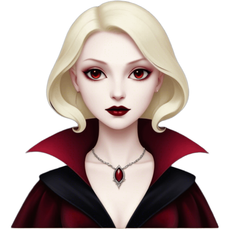 Cinematic Noble Vampire Portrait Emoji, Elegant and commanding, with a refined, pale visage framed by dark, velvet accents and a hint of crimson, exuding timeless seduction and dangerous allure, simplified yet exquisitely detailed, glowing with a soft nocturnal radiance and a subtle, mysterious outline that captures the regal spirit of an immortal lord of the night! emoji