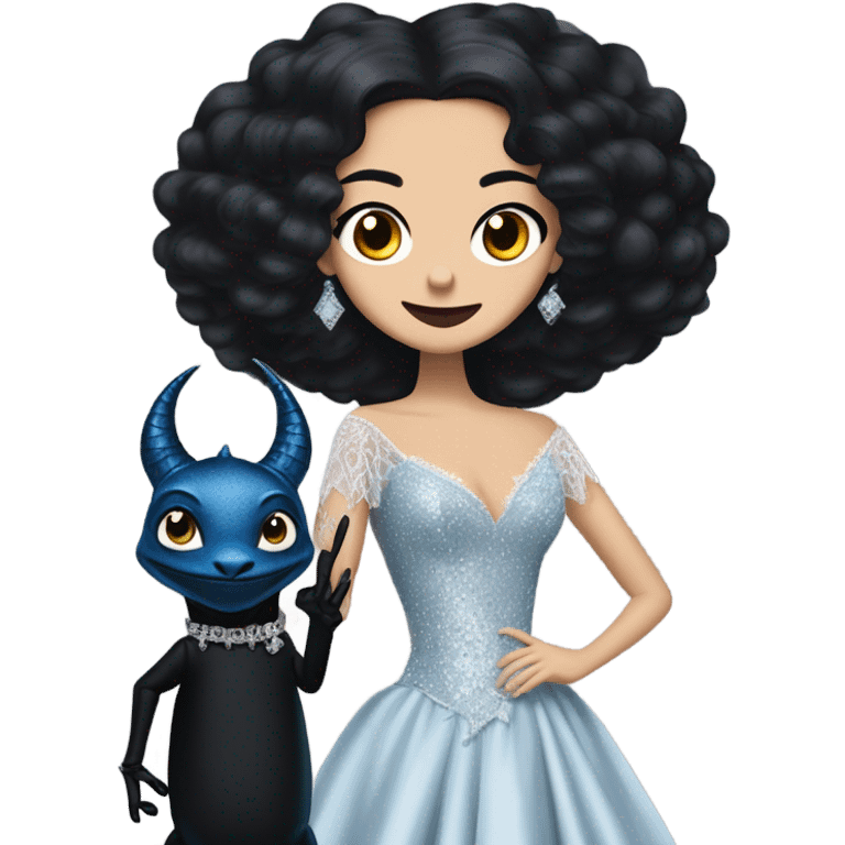 relaxed low-cut back silky black evening ball gown with lace gloves, Jenna Ortega as Addams woman wearing a mini diamond tiara, very large blood blue cute horned old dragon hand puppet emoji