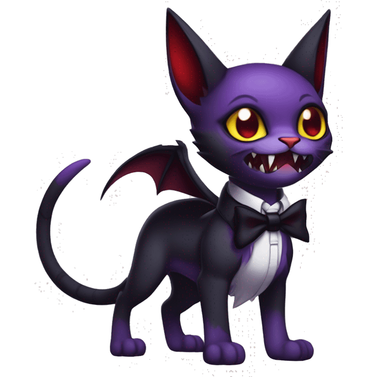 Cute-Evil-Vampiric-Batty-Cat-Black-Purple-Red-Yellow-Contrast-Colors-Fantasy-Fur-Sona-Chibi-Shiny-Fakémon-Hybrid with horns and big fangs neck bow white tie leg spats full body emoji