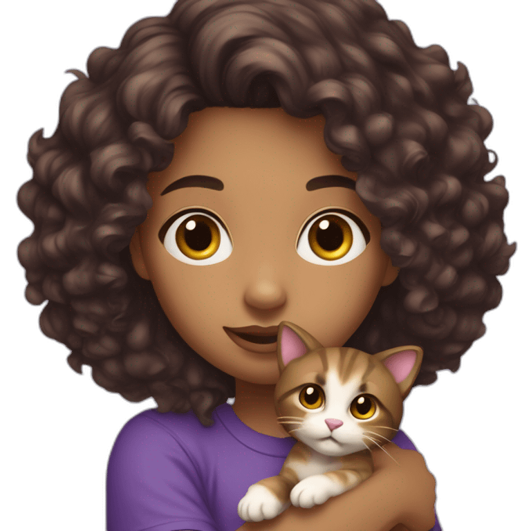 young-women,dark-curly-long-brown-hair,using-purple-tshirt,holding-a-kitty emoji