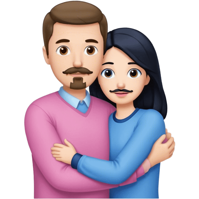 Tall white man with brown mustache goatee wearing blue AND a short pale woman with long black hair wearing pink, hugging emoji