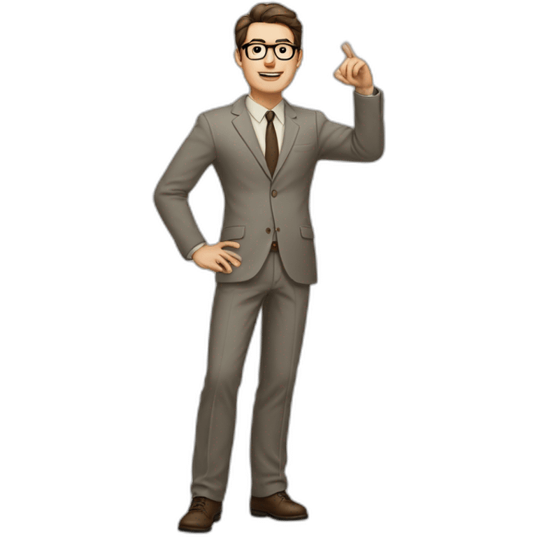 Full height Actively gesturing with hands Pale skinned fit man with dark brown hair in gray jacket, beige office shirt, brown tie, brown pants and vintage glasses. emoji