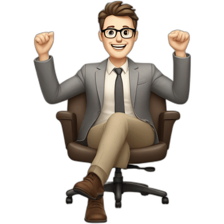 Joyful Celebrating victory Hands up Pale skinned Fit Man With dark brown hair in gray jacket, beige office shirt, Brown pants and vintage glasses sitting In a soft chair emoji