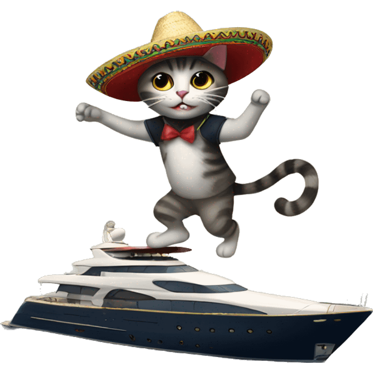 A cat on top of the yacht doing a dance with a sombrero emoji