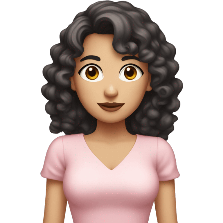 White woman with long black curly hair and bangs and dark brown eyes, wearing a pastel pink dress emoji