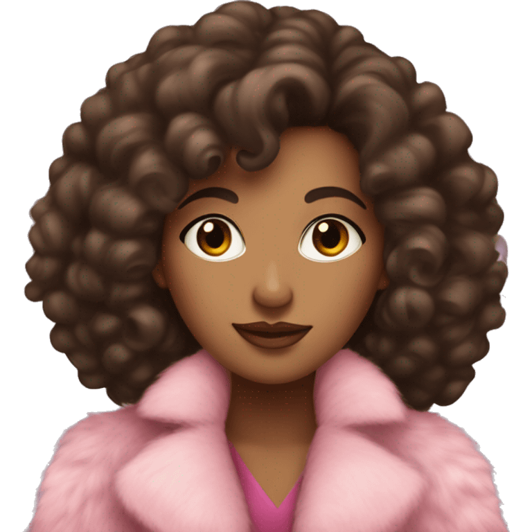 pretty brown woman with long dark curly hair and pink fur coat on and pink bow emoji