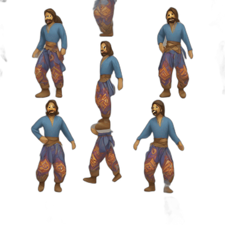 person wearing colorful pattern wide pants, walking, medieval emoji