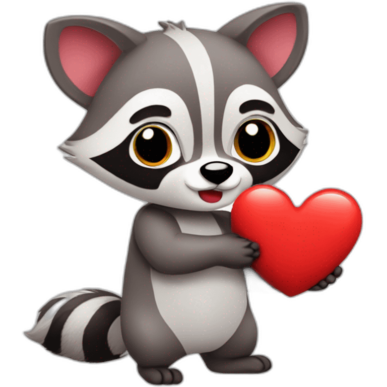 Cute cartoon racoon with heart in his hands emoji