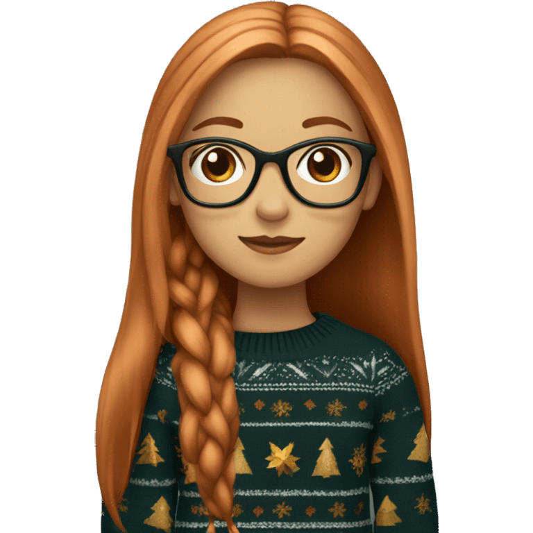 Pretty girl with long copper straight hair with black glasses and a christmas sweater emoji