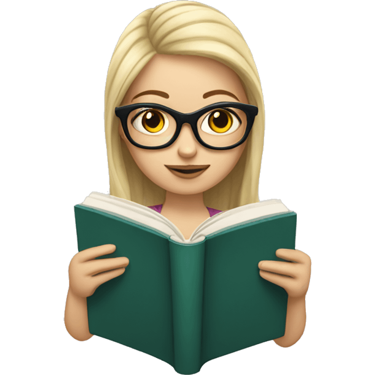 White girl wearing lunettes reading a book emoji