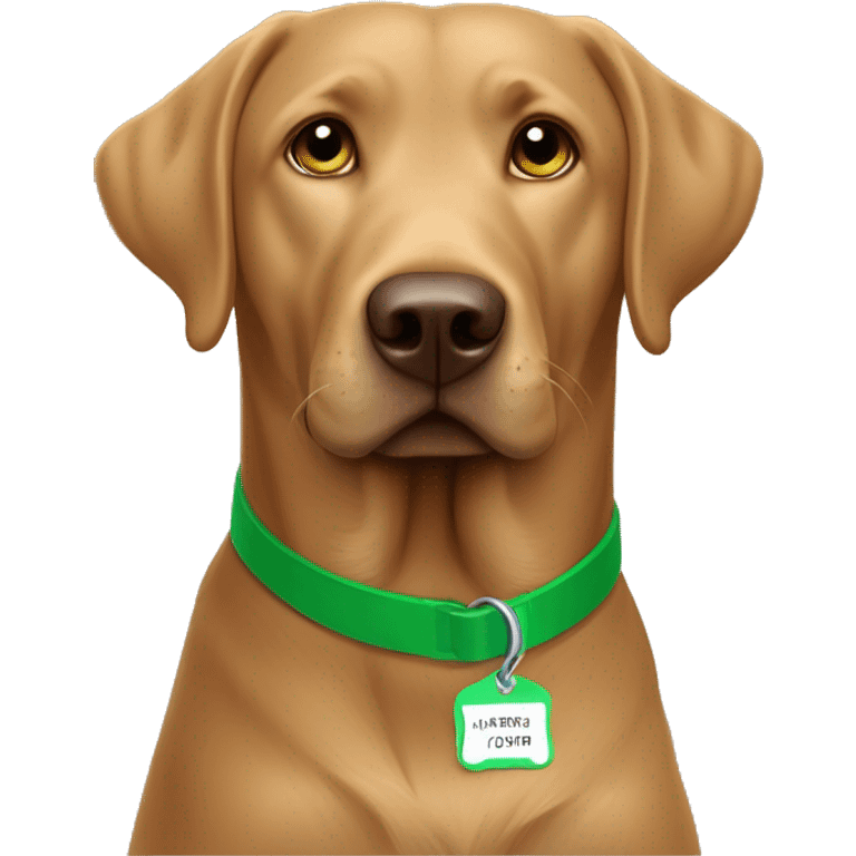 Light brown chocolate Labrador wearing green collar looking straight with name tag CHIP emoji