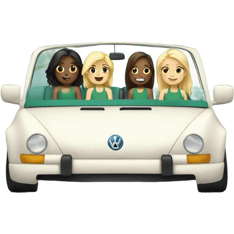 2 white blonde and 2 white brunette girls in a green convertible volkswagen  emoji