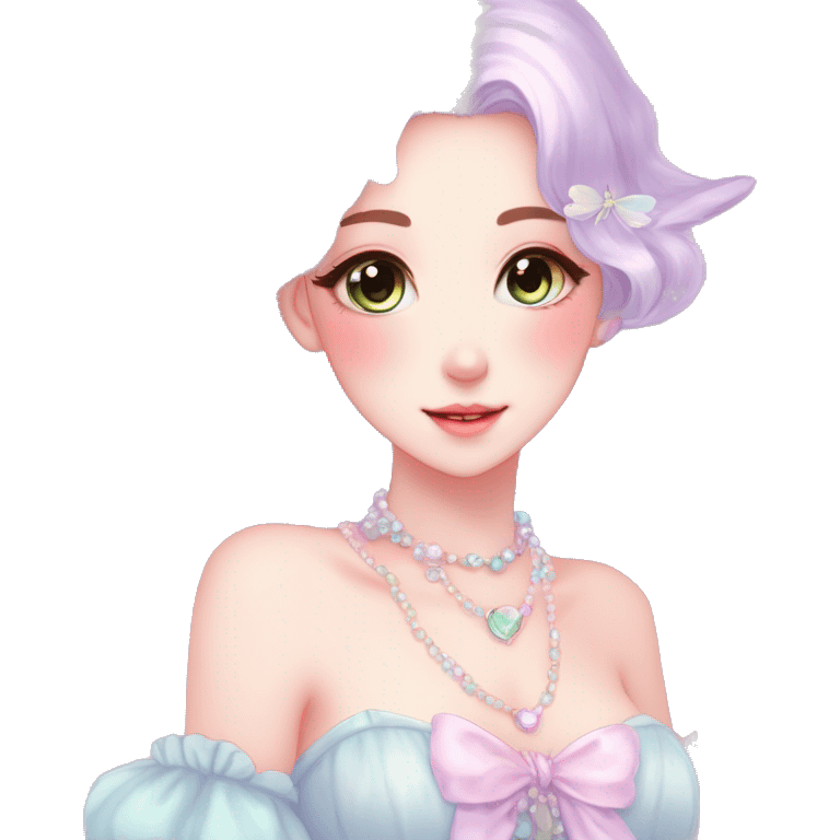 Gorgeous pastel anime style lady with blushing face and fairy dress necklace cottagecore fairycore pastelcore colorful pearly romantic simplistic aesthetic trending style emoji